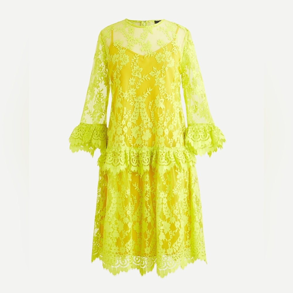 J.Crew -Three-quarter-sleeve dress chantilly lace -Sz 4 (Runs Big) -Neon Yellow